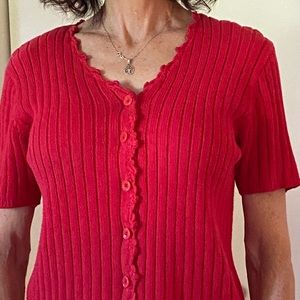 Red v-neck summer sweater with crocheted trim